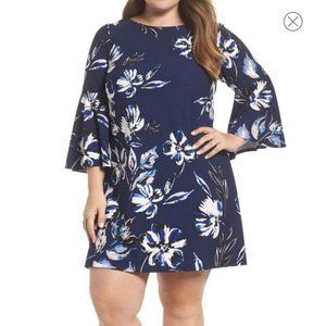 Eliza J Womens Size 14 Bell Sleeve Shirt Dress Navy Floral Print